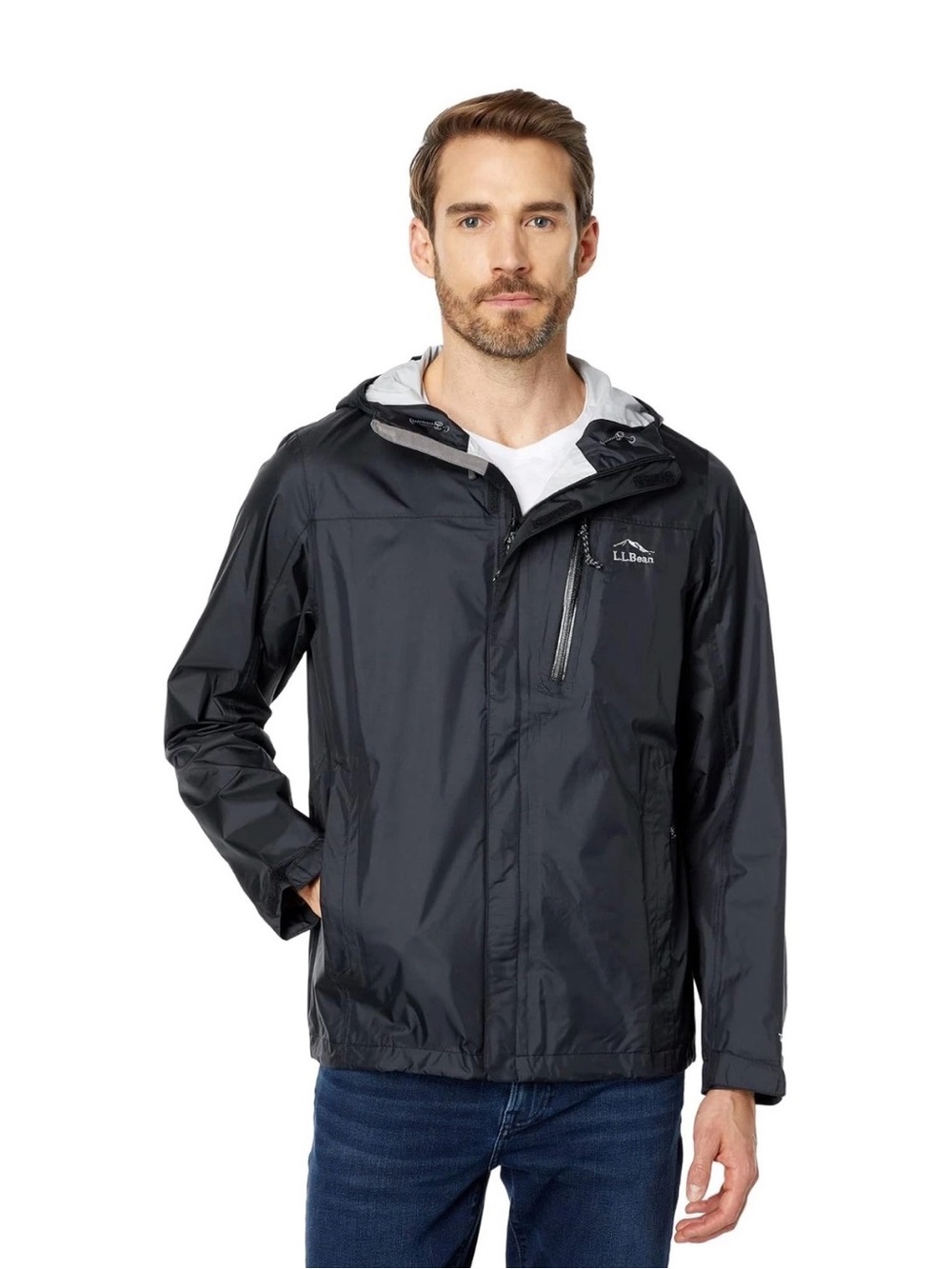 L.L. Bean Men’s Black Hooded Raincoat with Contrast Lining